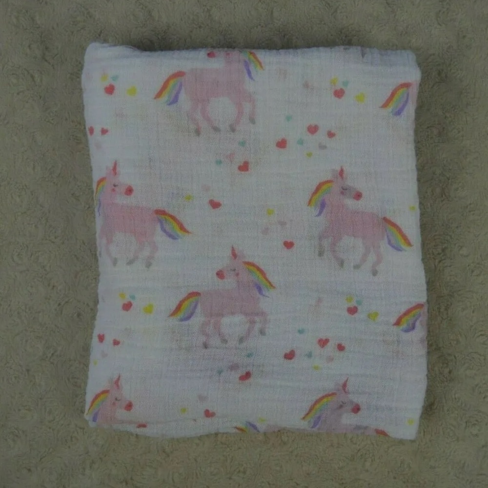Lollypop Unicorn Rainbow Baby Swaddle Blanket Hearts Pink White Yellow Muslin